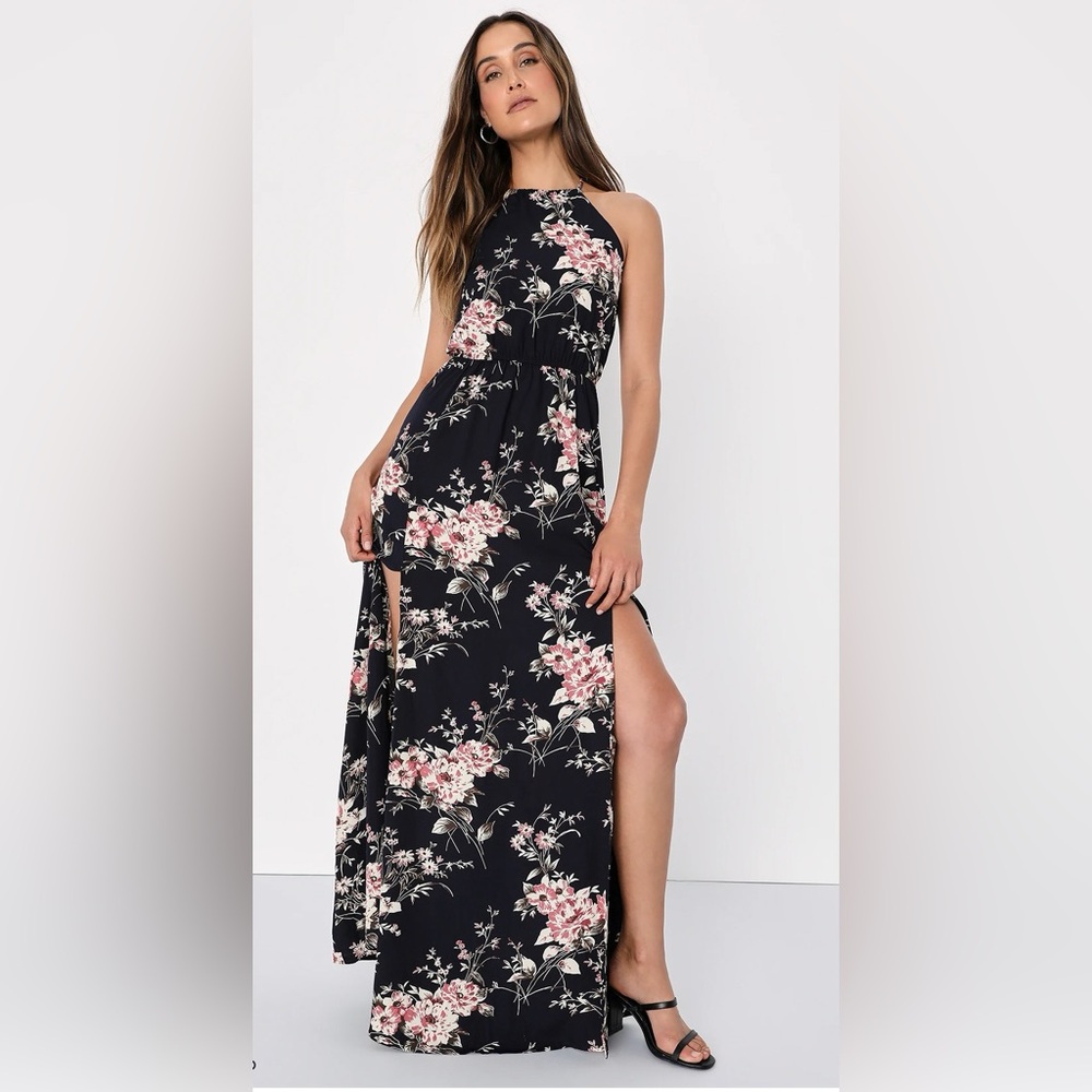 Lulus Feel the Music Midnight Blue Floral Print Maxi Dress